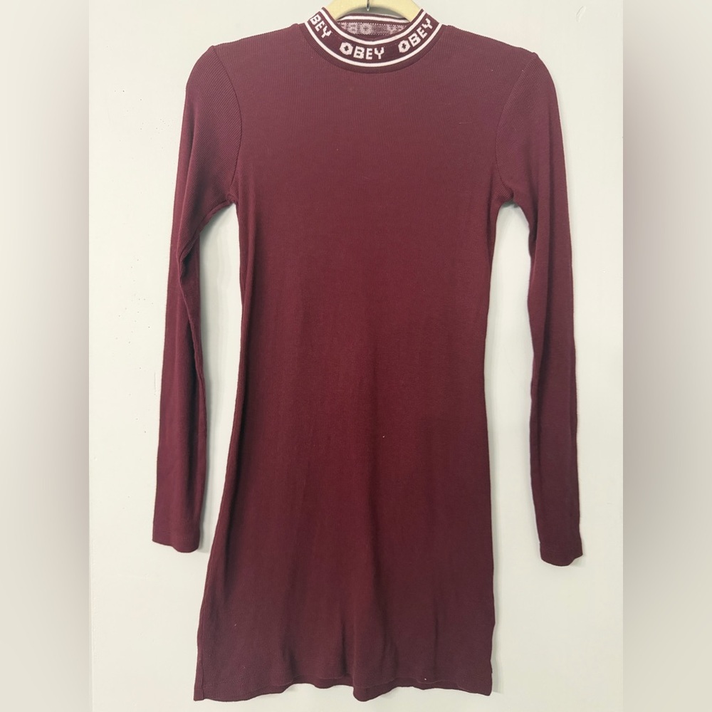 Obey Clothing Universe Women’s Small Mock Neck Logo Ribbed Mini Bodycon Dress